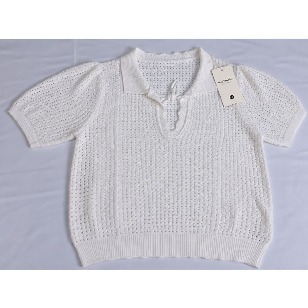 Saodimallsu Women's White Textured Knit Polo Sweater XL